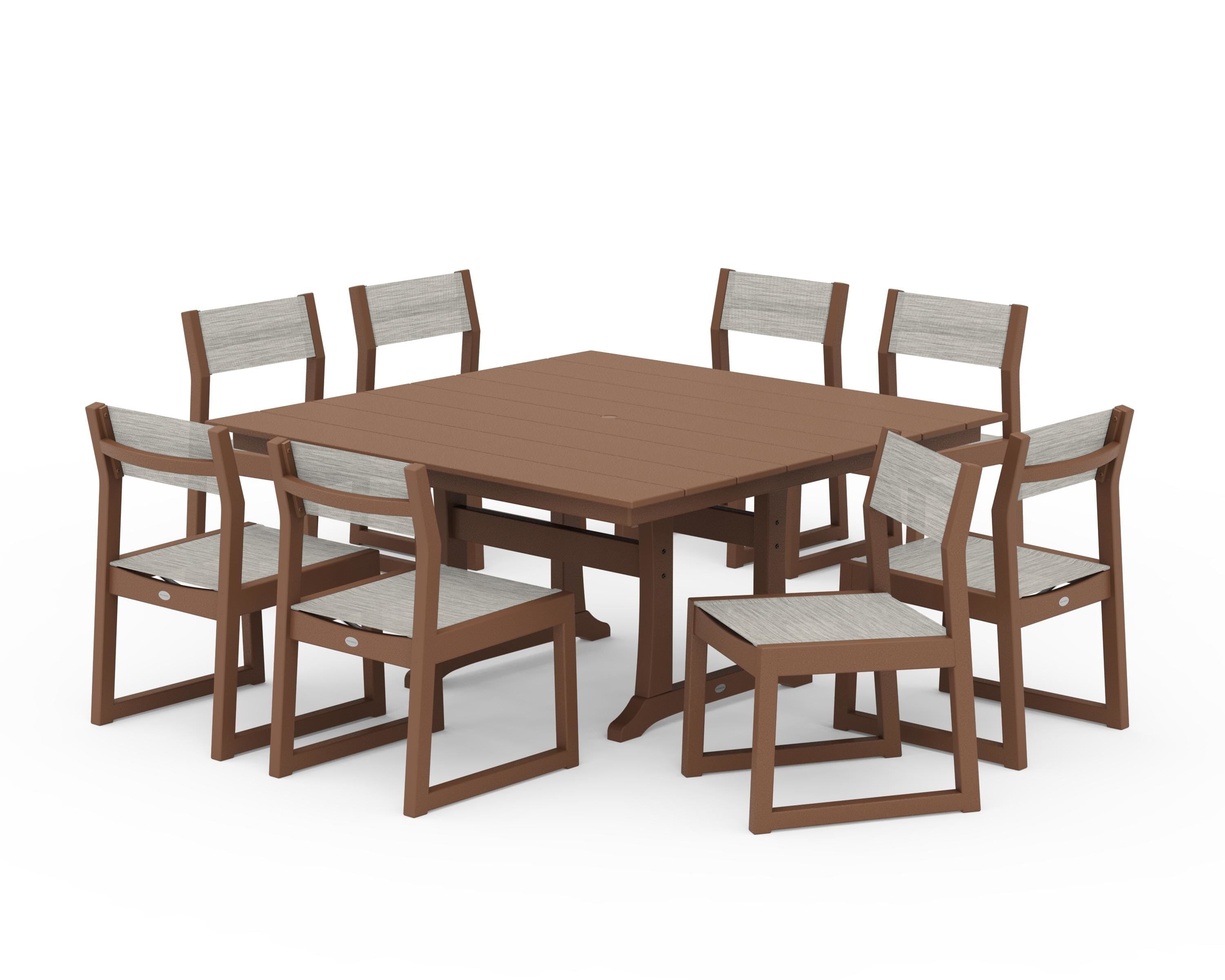 POLYWOOD® EDGE Sling Side Chair 9-Piece Farmhouse Trestle Dining Set in Teak / Birch Sling