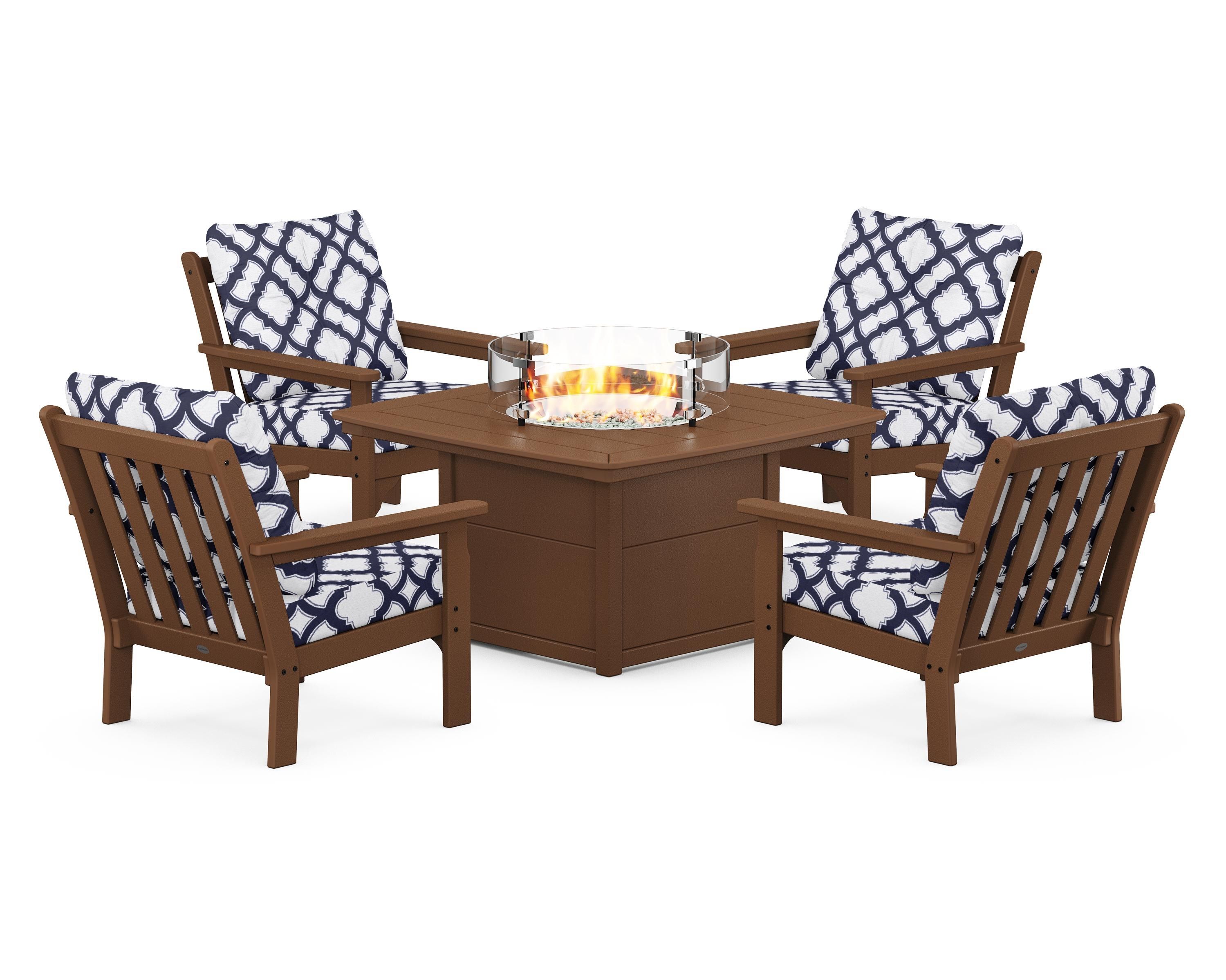 POLYWOOD® Vineyard 5-Piece Conversation Set with Fire Pit Table in Teak / Trellis Navy
