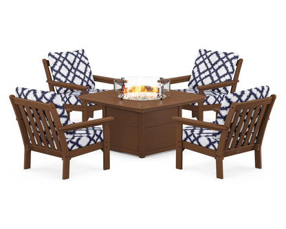 POLYWOOD® Vineyard 5-Piece Conversation Set with Fire Pit Table in Teak / Trellis Navy