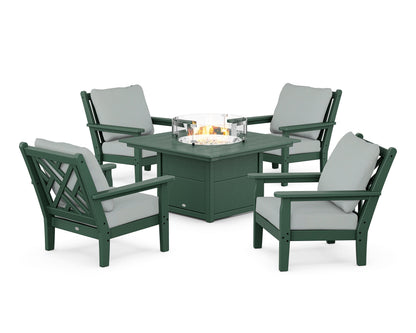 POLYWOOD® Chippendale 5-Piece Deep Seating Set with Fire Pit Table in Green / Spa