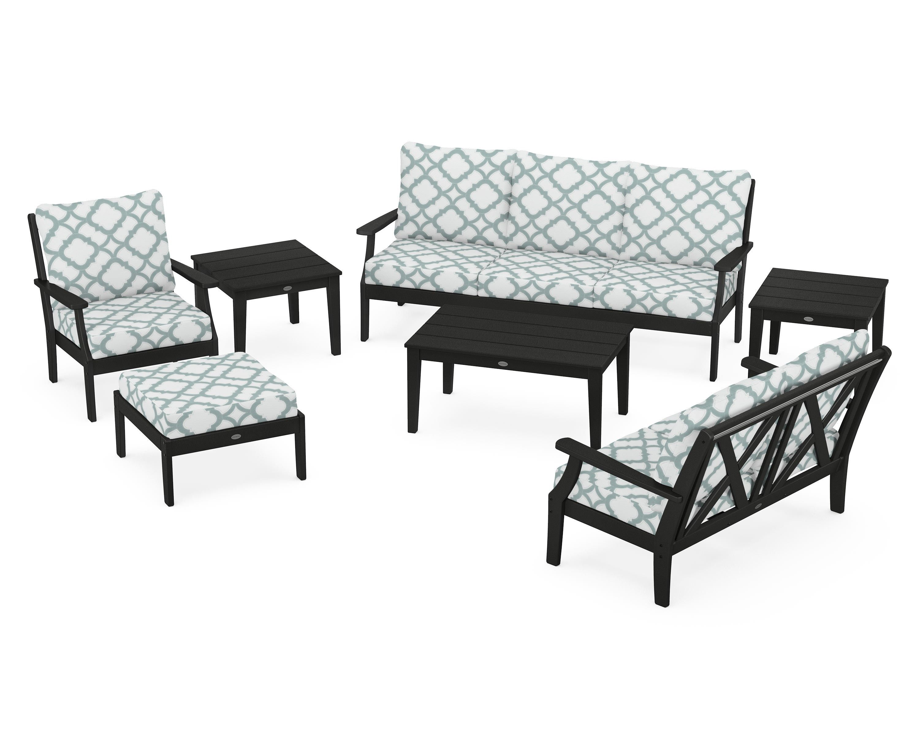 POLYWOOD® Braxton 7-Piece Deep Seating Set in Black / Trellis Glacier Spa