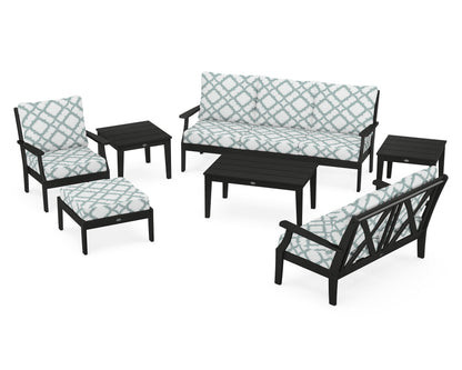 POLYWOOD® Braxton 7-Piece Deep Seating Set in Black / Trellis Glacier Spa