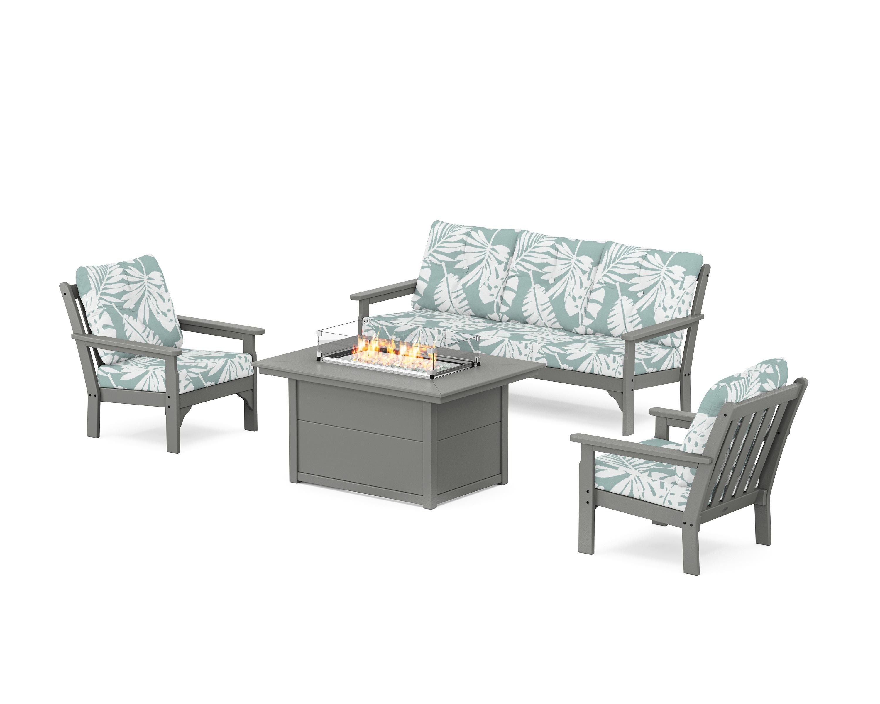 POLYWOOD® Vineyard Deep Seating Fire Pit Table Set in Slate Grey / Leaf Glacier Spa