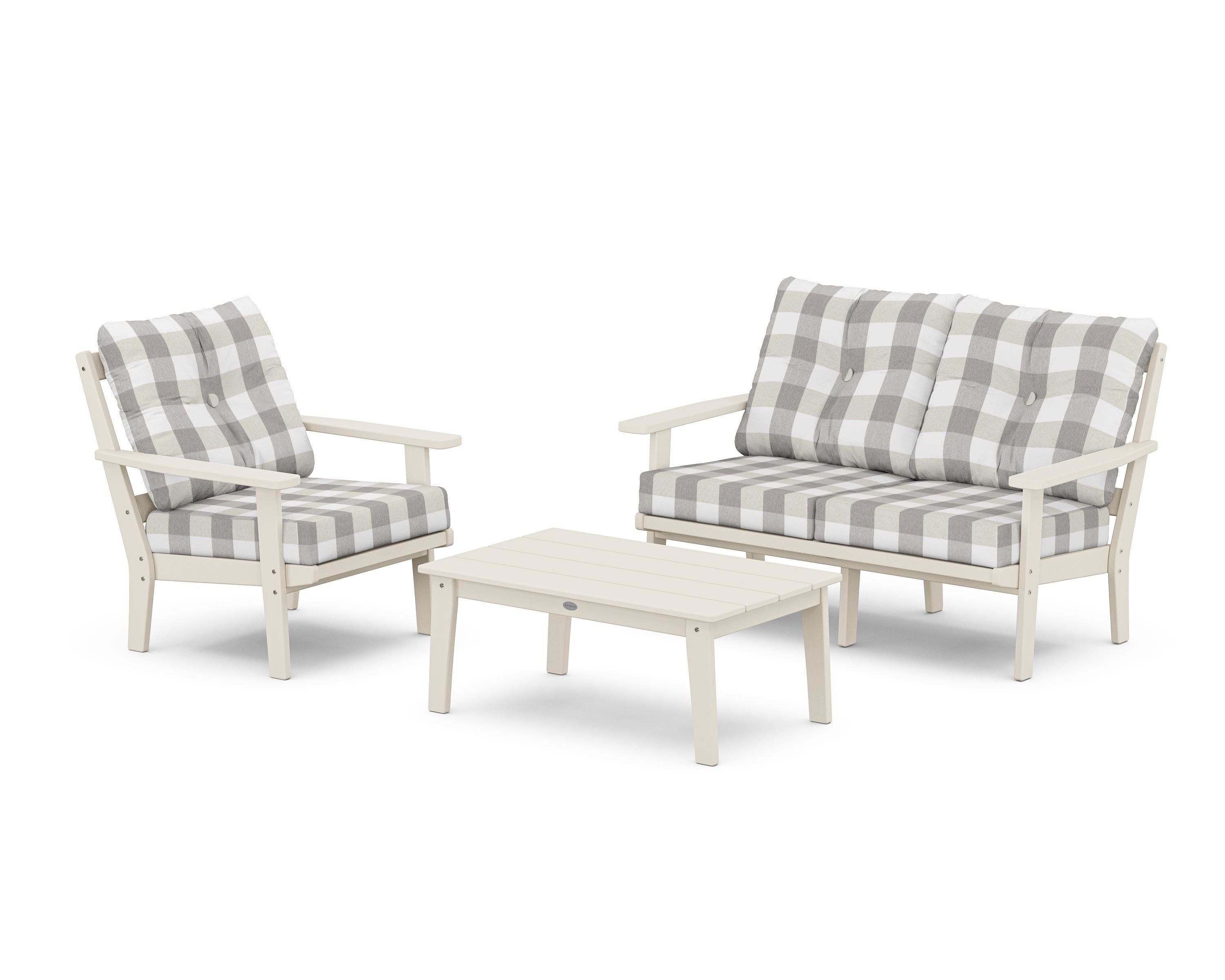 POLYWOOD® Oxford 3-Piece Deep Seating Set with Loveseat in Sand / Buffalo Plaid Grey Mist
