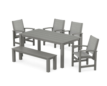 POLYWOOD® Coastal 6-Piece Parsons Dining Set with Bench in Slate Grey / Metallic Sling