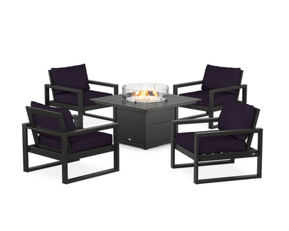 POLYWOOD® EDGE Sectional 5-Piece Deep Seating Set with Fire Pit Table in Black / Navy Linen