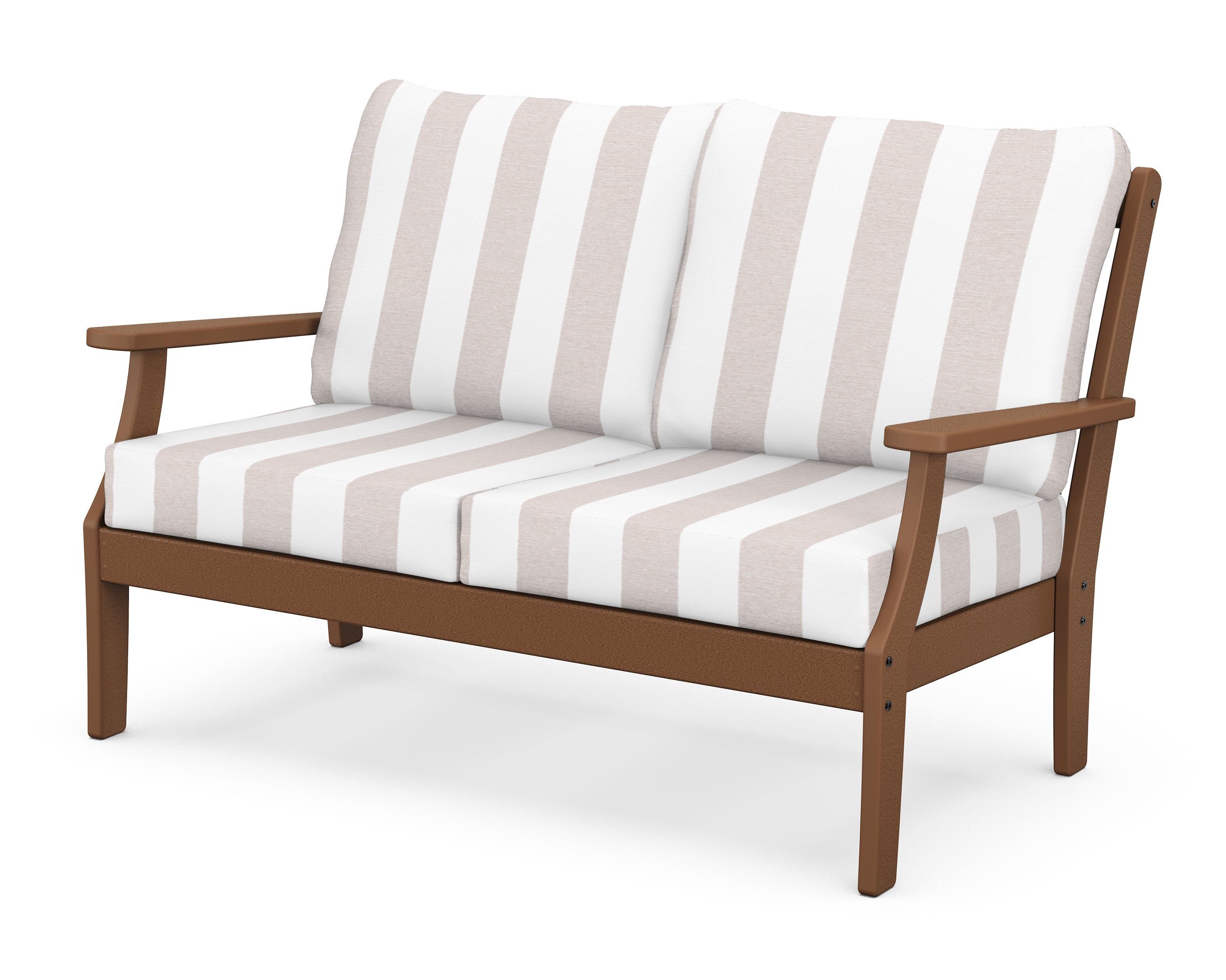 POLYWOOD® Braxton Deep Seating Loveseat in Teak / Cabana Stripe Dune Burlap