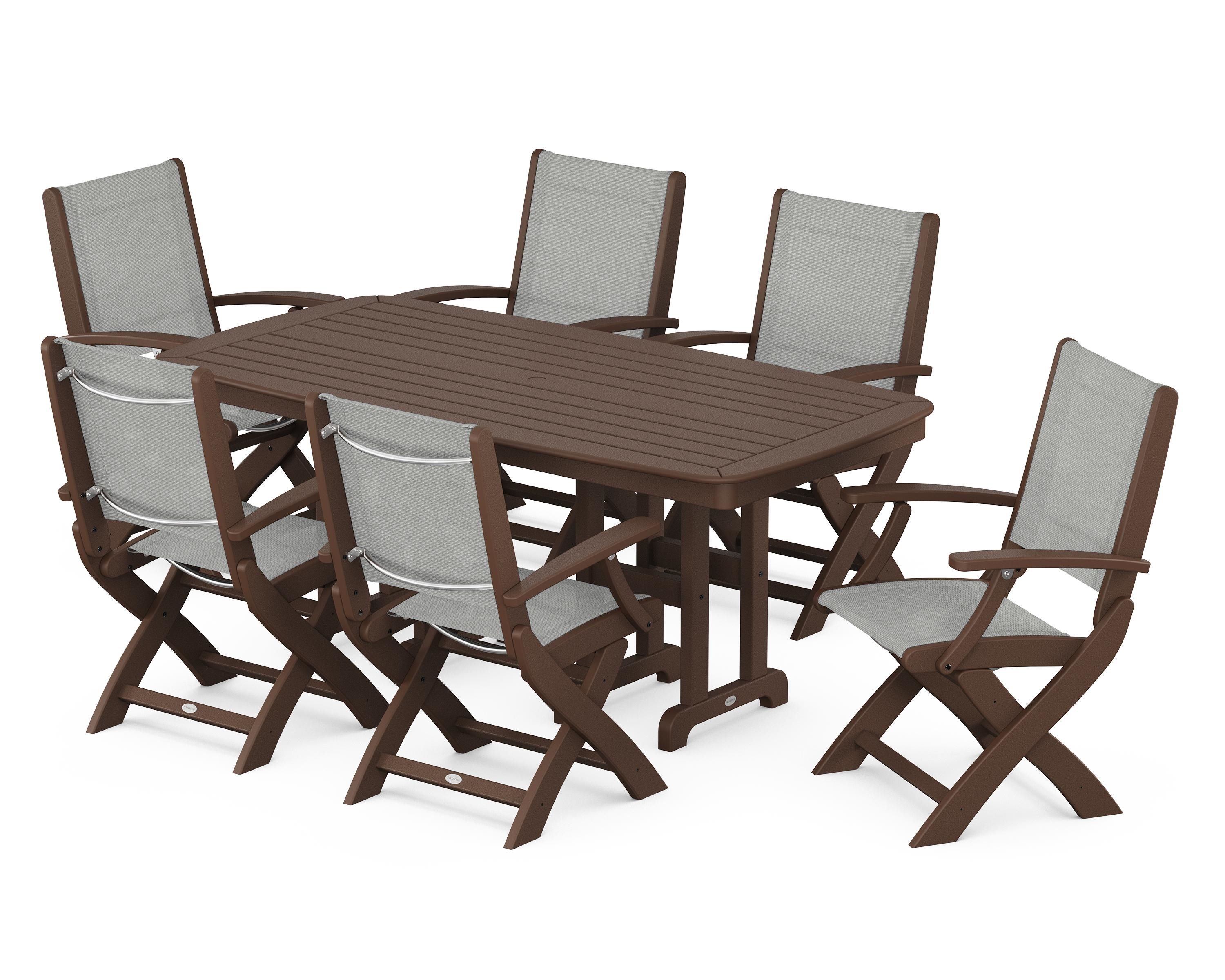 POLYWOOD® Coastal Folding Arm Chair 7-Piece Dining Set in Mahogany / Metallic Sling