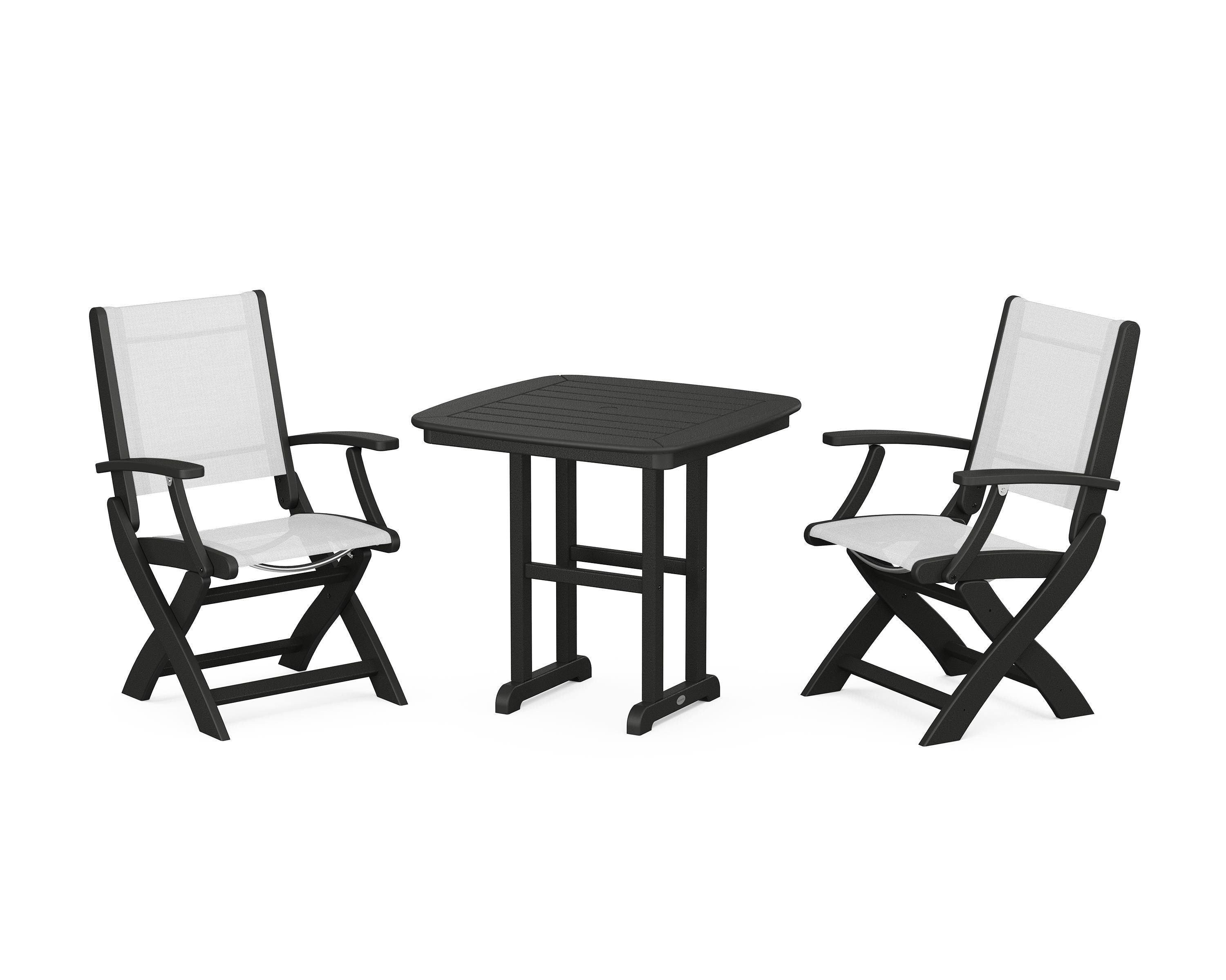POLYWOOD® Coastal Folding Chair 3-Piece Dining Set in Black / White Sling