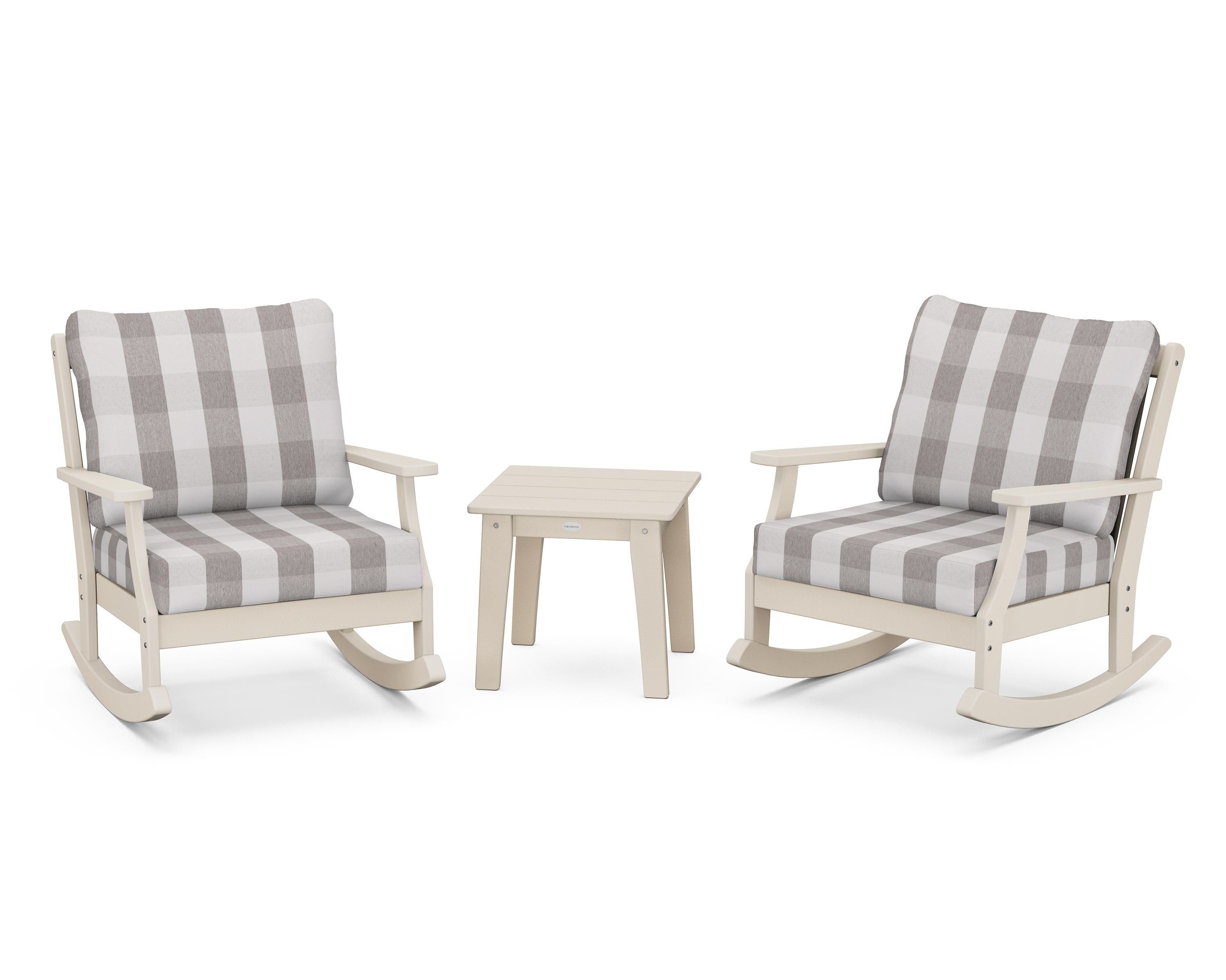 POLYWOOD® Braxton 3-Piece Deep Seating Rocker Set in Sand / Buffalo Plaid Grey Mist