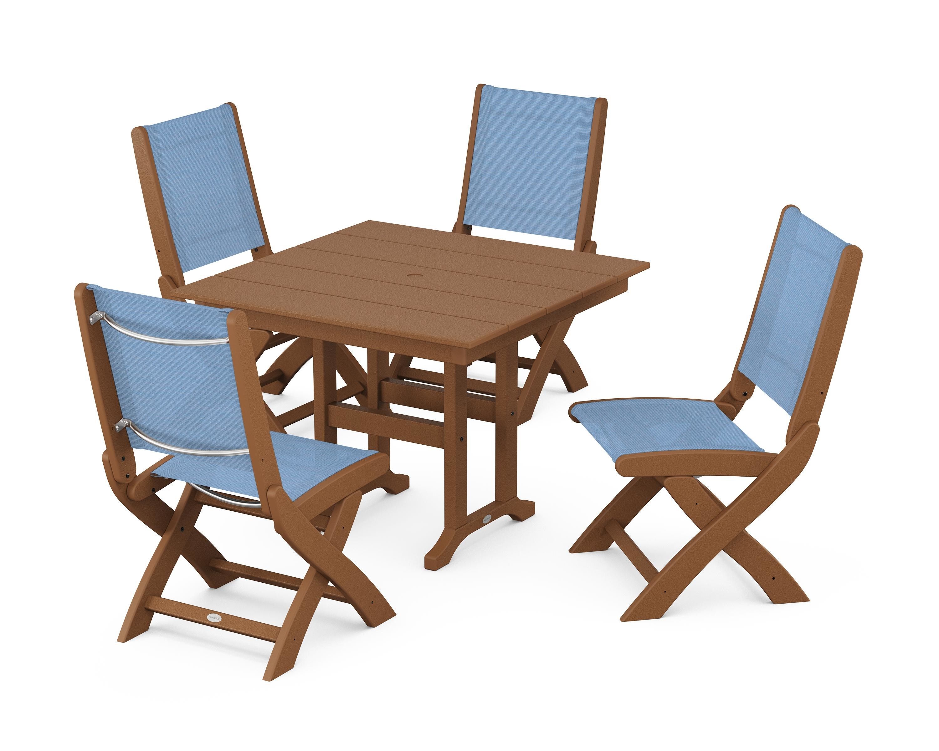 POLYWOOD® Coastal Folding Side Chair 5-Piece Farmhouse Dining Set in Teak / Poolside Sling