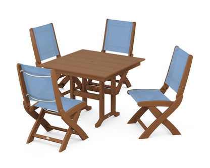 POLYWOOD® Coastal Folding Side Chair 5-Piece Farmhouse Dining Set in Teak / Poolside Sling