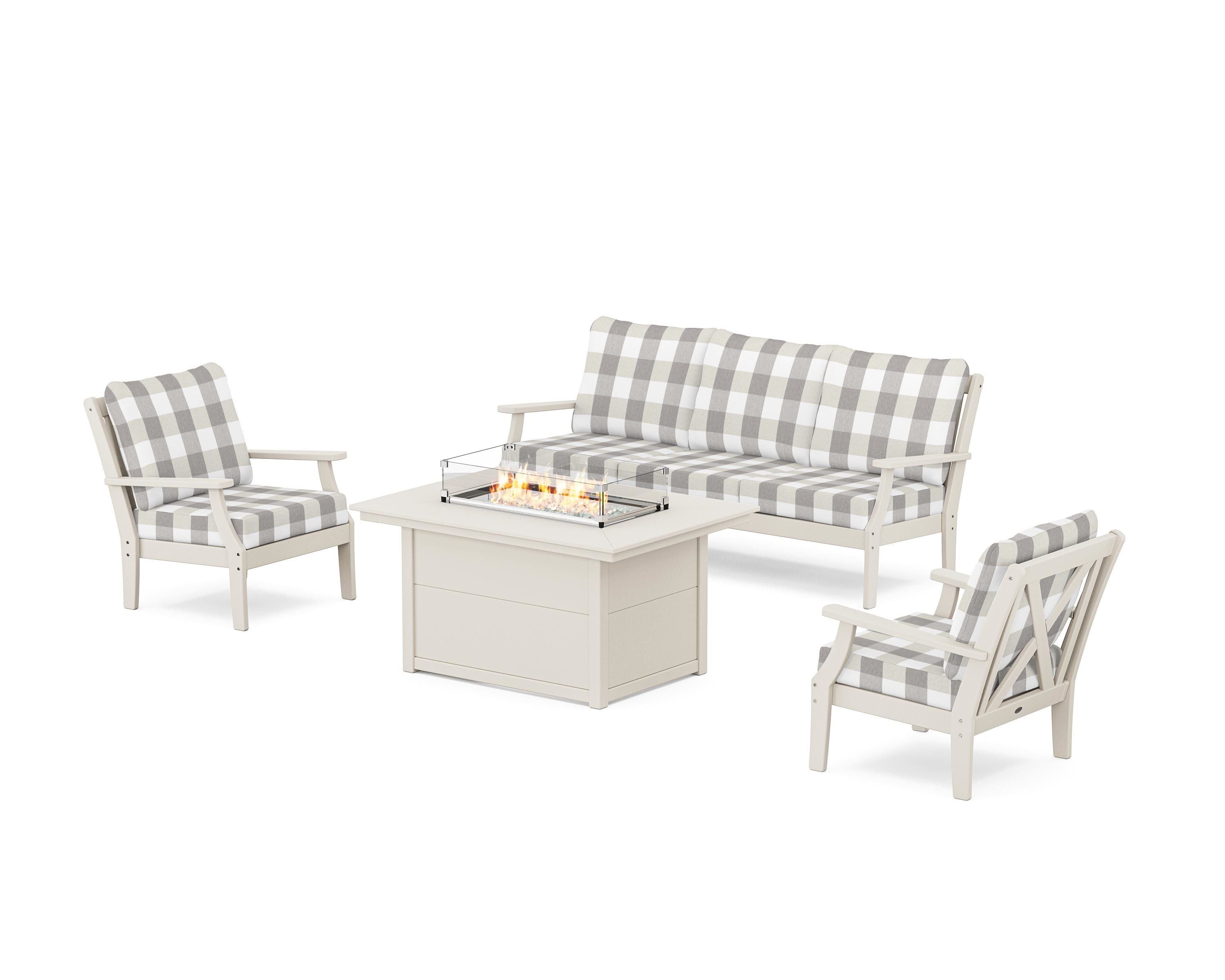 POLYWOOD® Braxton Deep Seating Fire Pit Table Set in Sand / Buffalo Plaid Grey Mist