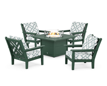 POLYWOOD® Chippendale 5-Piece Deep Seating Set with Fire Pit Table in Green / Trellis Glacier Spa