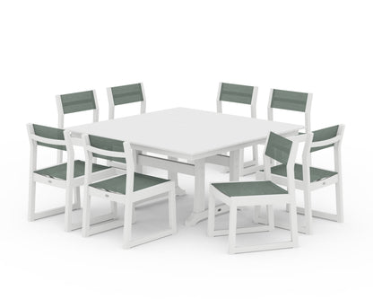 POLYWOOD® EDGE Sling Side Chair 9-Piece Farmhouse Trestle Dining Set in White / Dupioni Sea Mist Sling