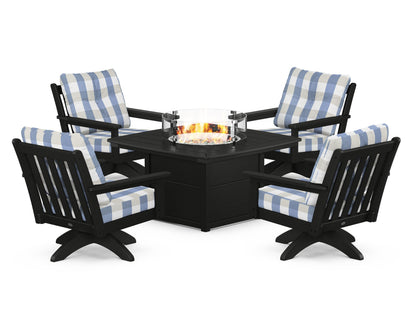 POLYWOOD® Vineyard 5-Piece Deep Seating Swivel Conversation Set with Fire Pit Table in Black / Buffalo Plaid Sky Blue