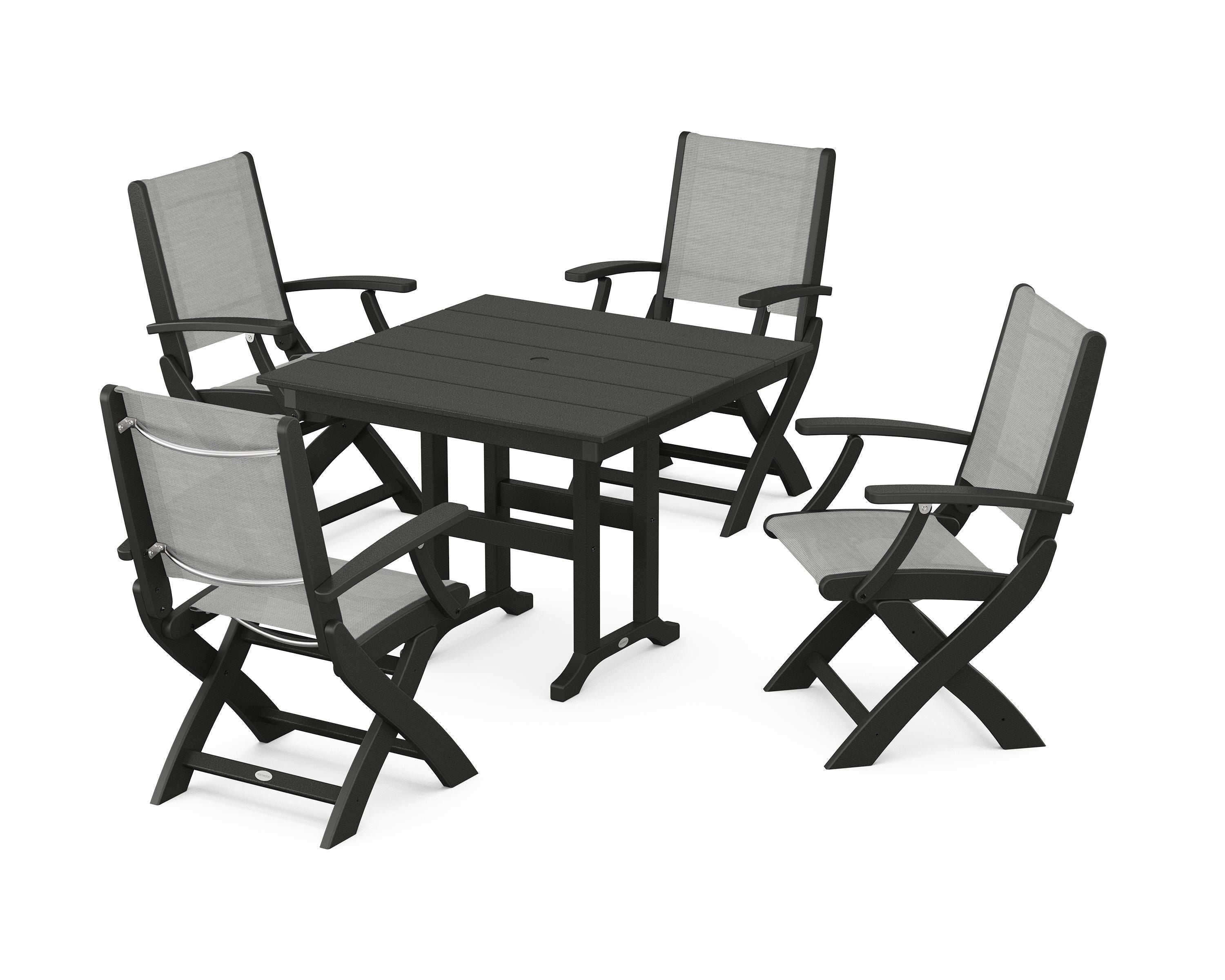 POLYWOOD® Coastal Folding Chair 5-Piece Farmhouse Dining Set in Black / Metallic Sling