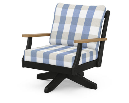 POLYWOOD® Braxton Deep Seating Swivel Chair in Black / Natural / Buffalo Plaid Sky Blue