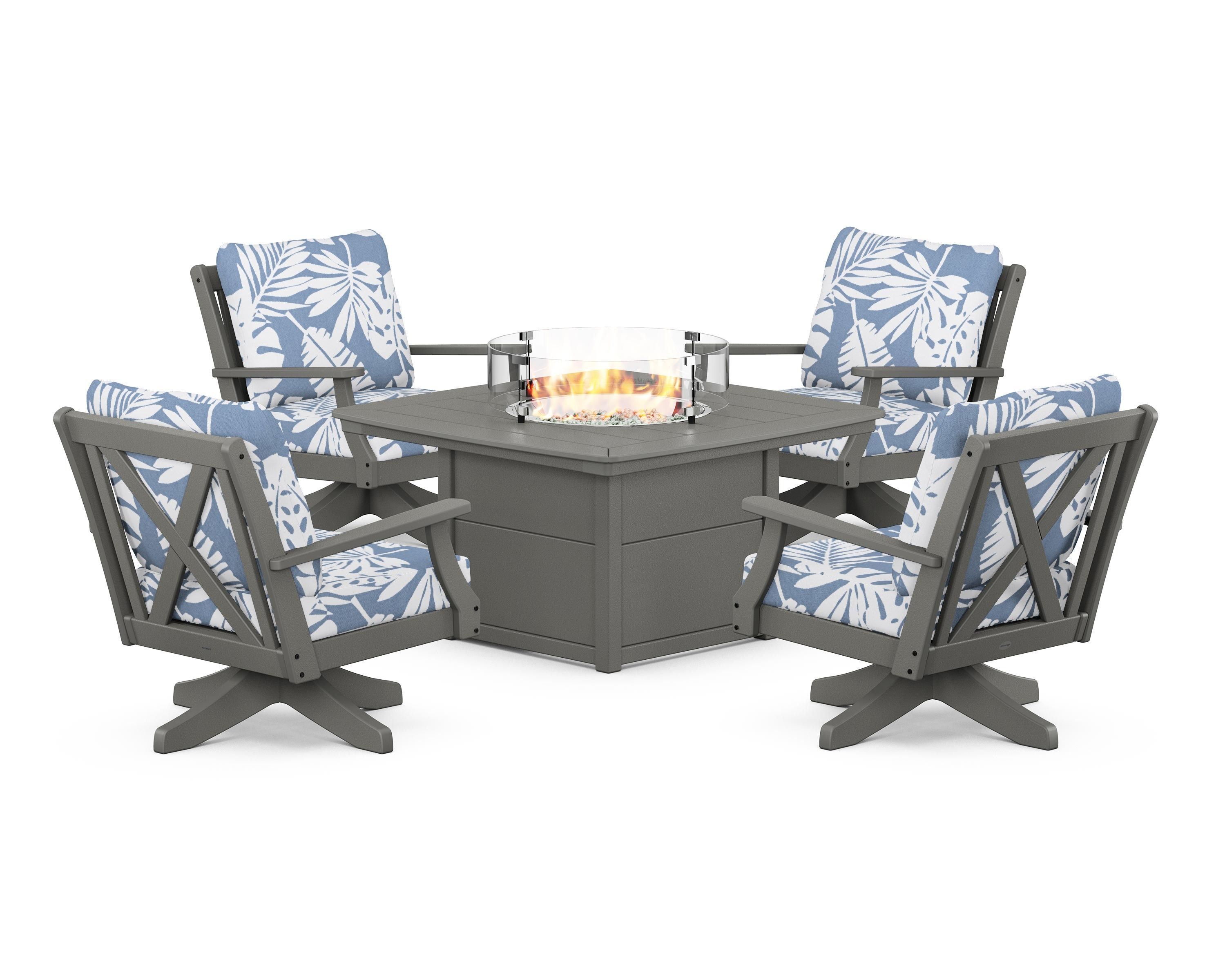 POLYWOOD® Braxton 5-Piece Deep Seating Swivel Conversation Set with Fire Pit Table in Slate Grey / Leaf Sky Blue