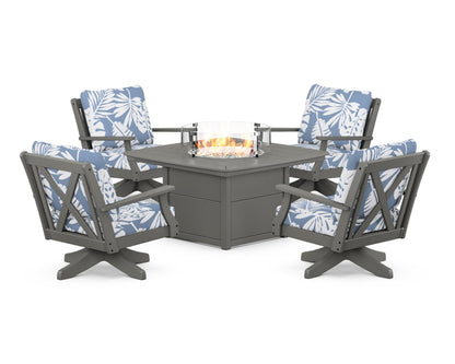 POLYWOOD® Braxton 5-Piece Deep Seating Swivel Conversation Set with Fire Pit Table in Slate Grey / Leaf Sky Blue