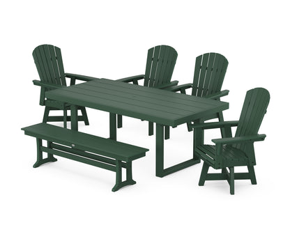 POLYWOOD® Nautical Curveback Adirondack Swivel Chair 6-Piece Dining Set with Bench in Green