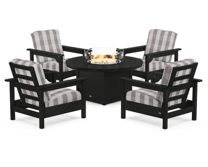 POLYWOOD® Club 5-Piece Conversation Set with Fire Pit Table in Black / Buffalo Plaid Grey Mist