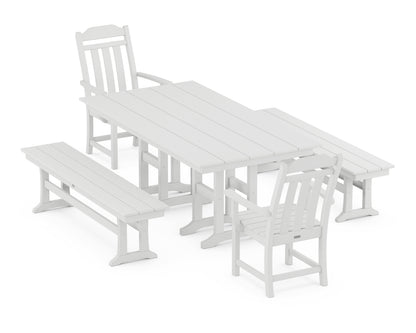 Country Living Cottage 5-Piece Farmhouse Dining Set with Benches in White