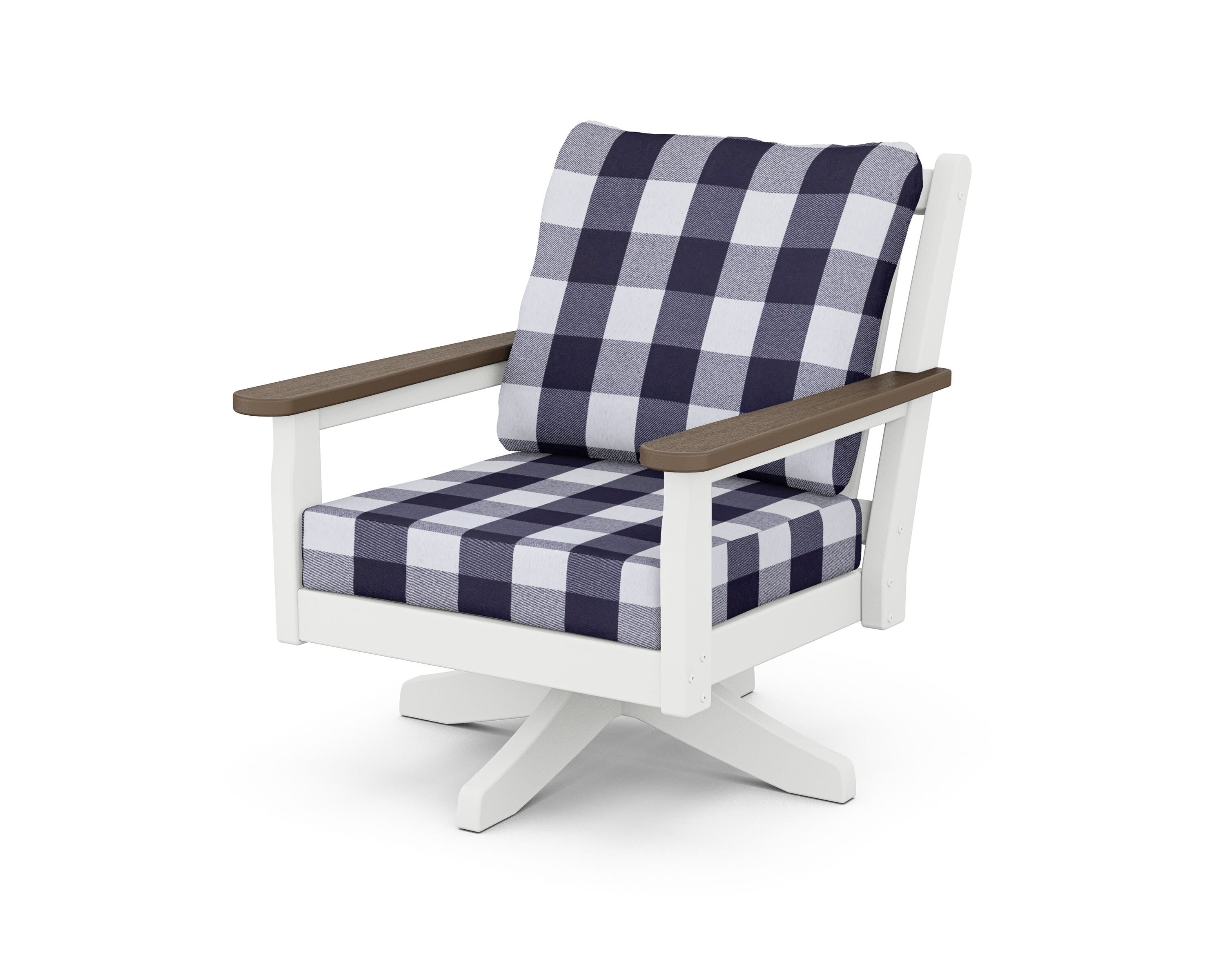 POLYWOOD® Chippendale Deep Seating Swivel Chair in White / Kona / Buffalo Plaid Navy