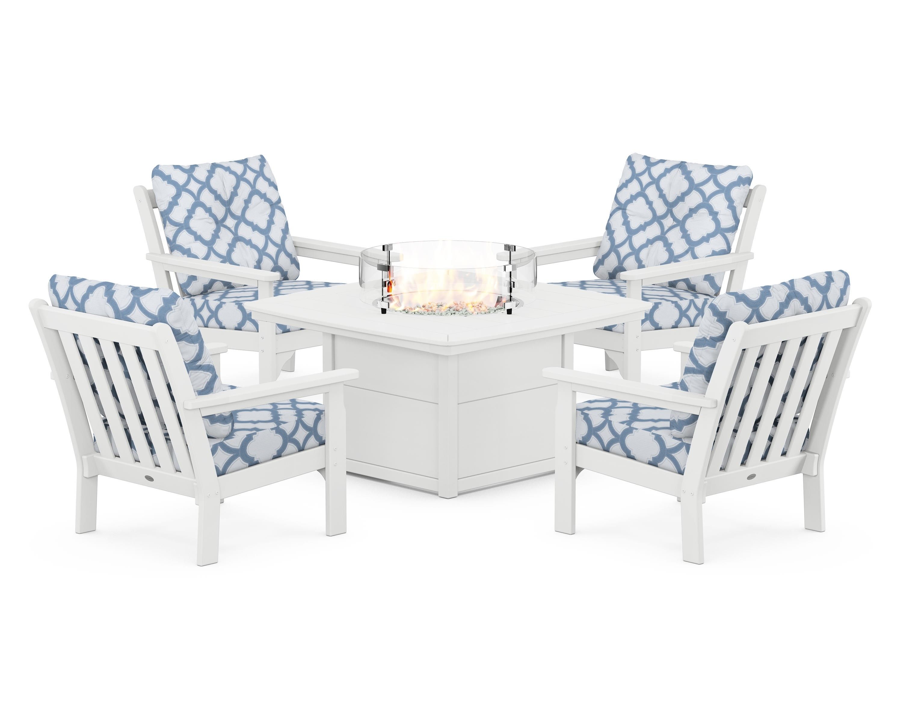 POLYWOOD® Vineyard 5-Piece Conversation Set with Fire Pit Table in White / Trellis Sky Blue