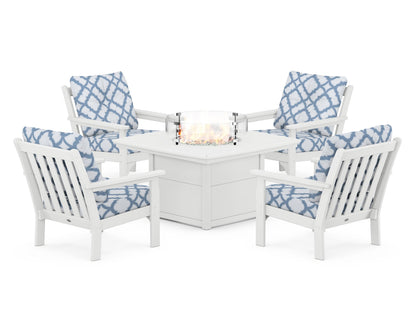 POLYWOOD® Vineyard 5-Piece Conversation Set with Fire Pit Table in White / Trellis Sky Blue