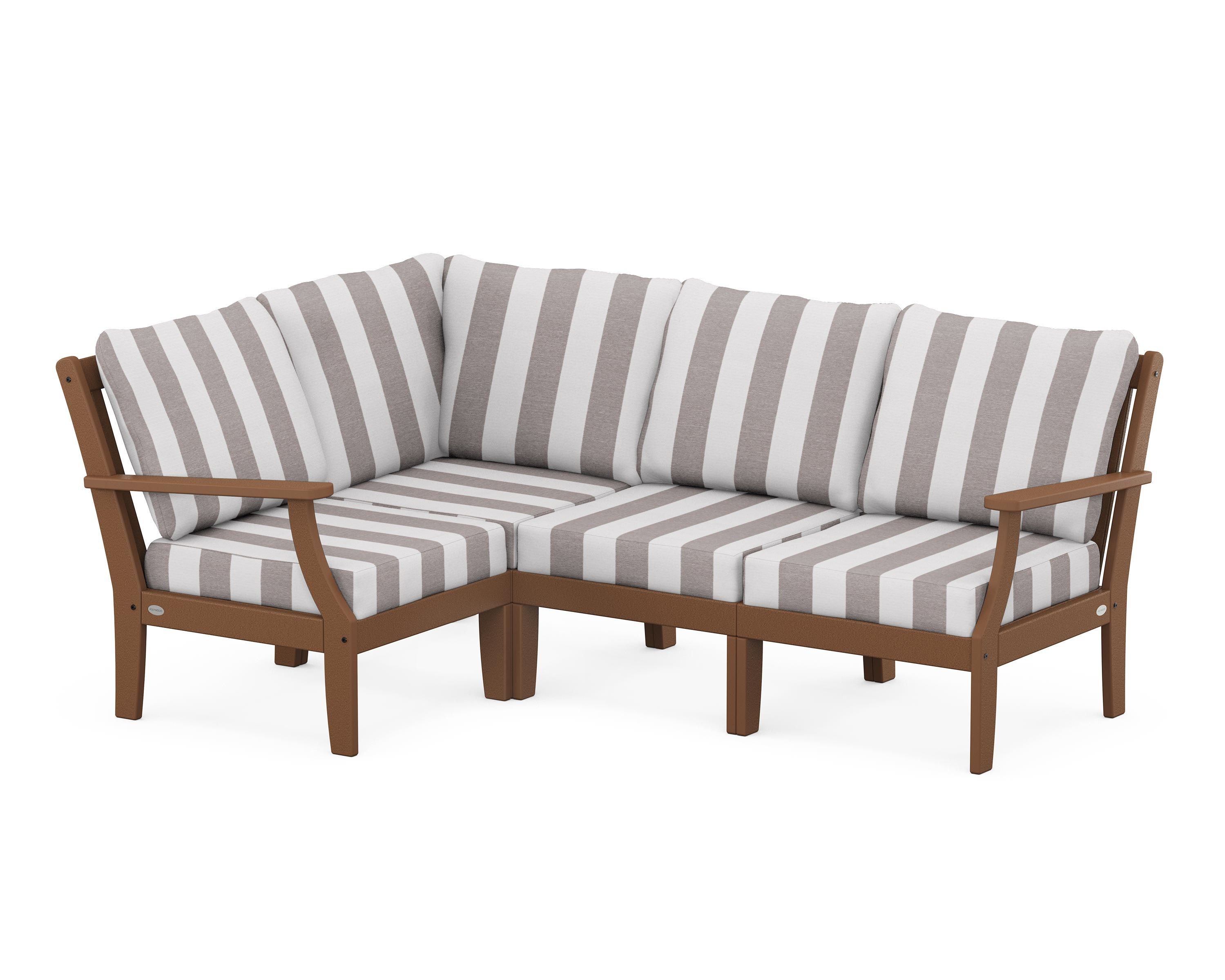 POLYWOOD® Braxton Modular 4-Piece Deep Seating Set in Teak / Cabana Stripe Grey Mist
