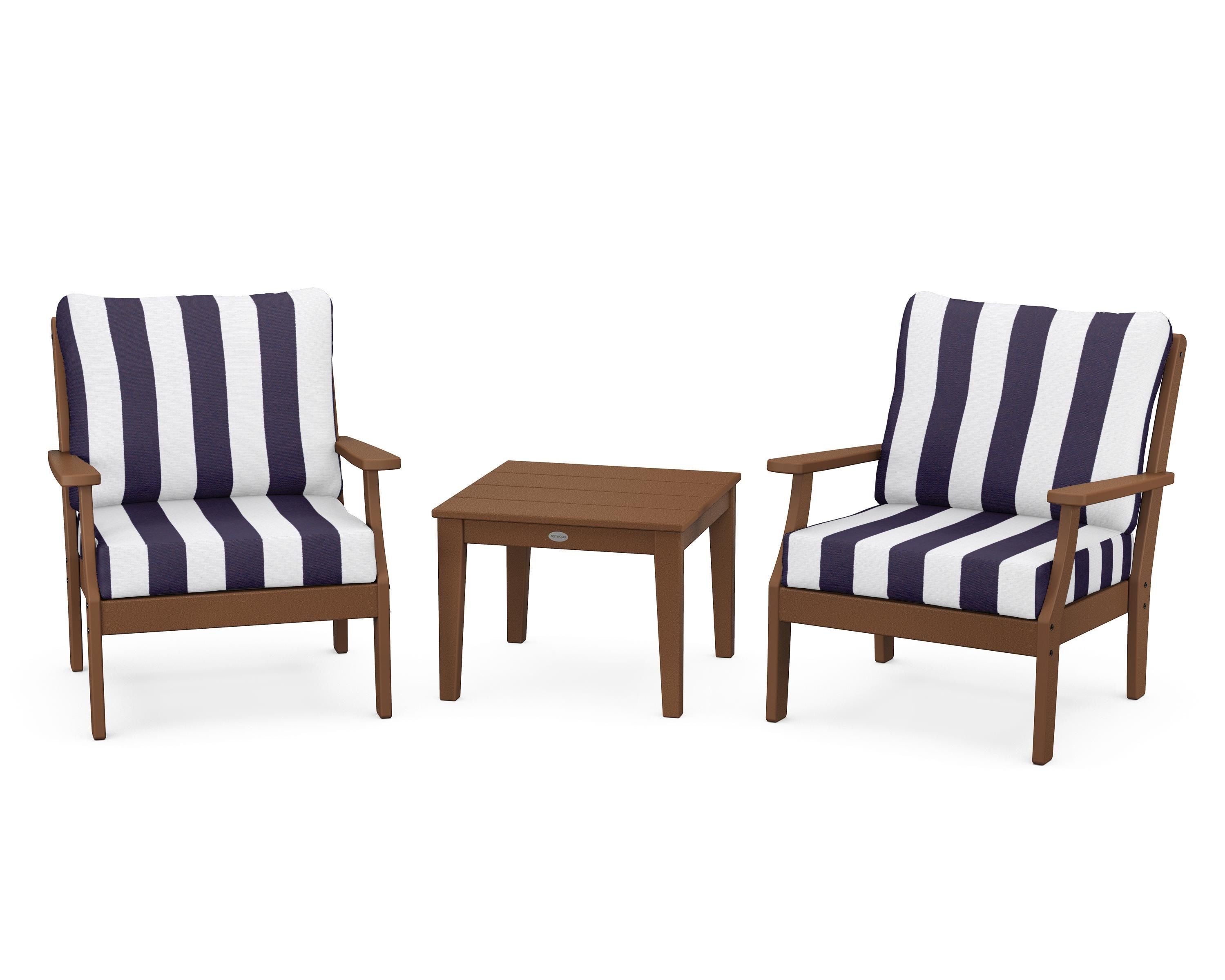 POLYWOOD® Braxton 3-Piece Deep Seating Set in Teak / Cabana Stripe Navy