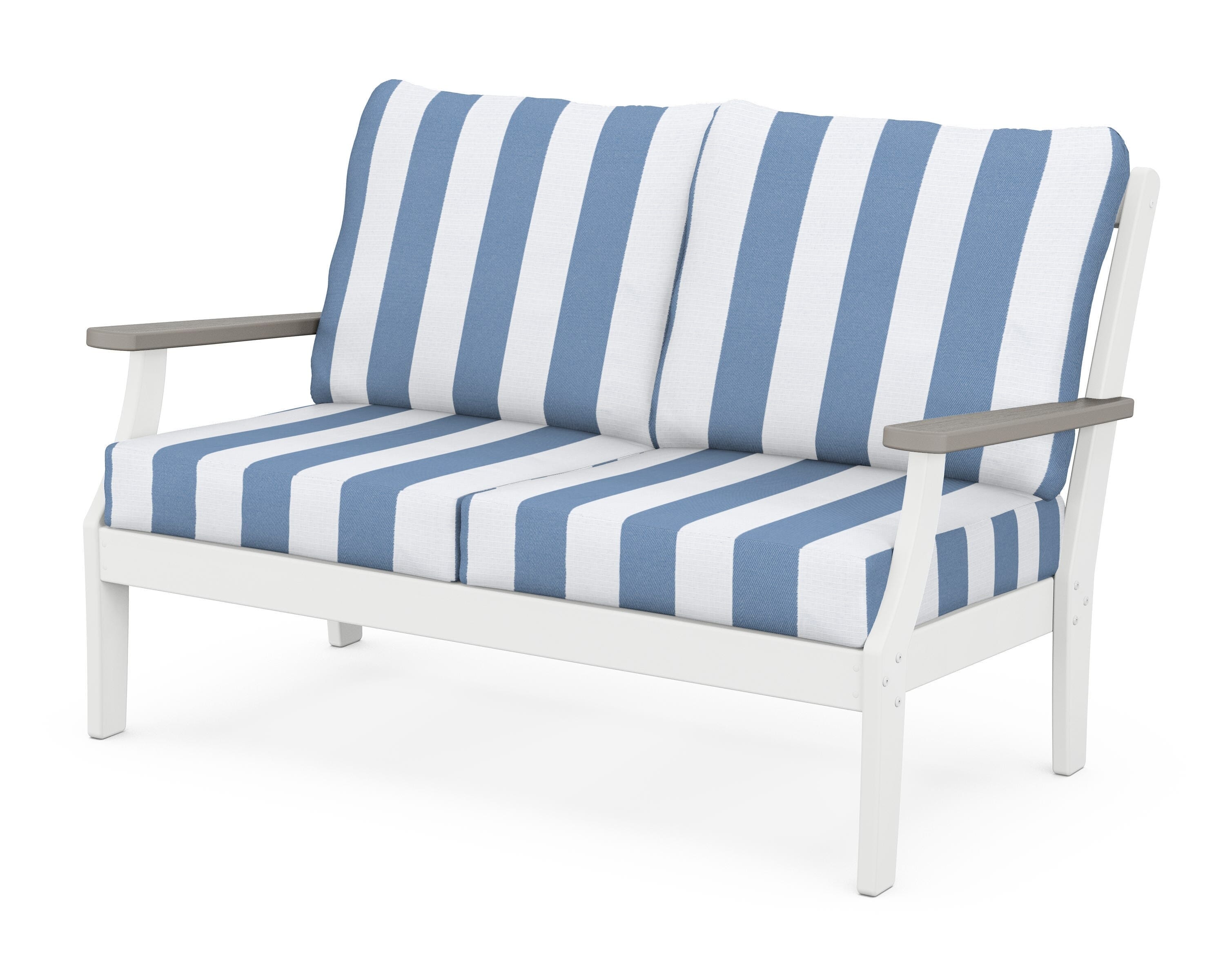 POLYWOOD® Braxton Deep Seating Loveseat in White / Driftwood / Cabana Stripe Sky Blue