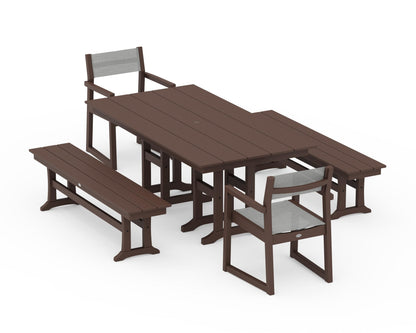 POLYWOOD® EDGE Sling Arm Chair 5-Piece Farmhouse Dining Set with Benches in Mahogany / Metallic Sling