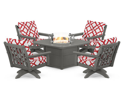 POLYWOOD® Vineyard 5-Piece Deep Seating Swivel Conversation Set with Fire Pit Table in Slate Grey / Trellis Crimson