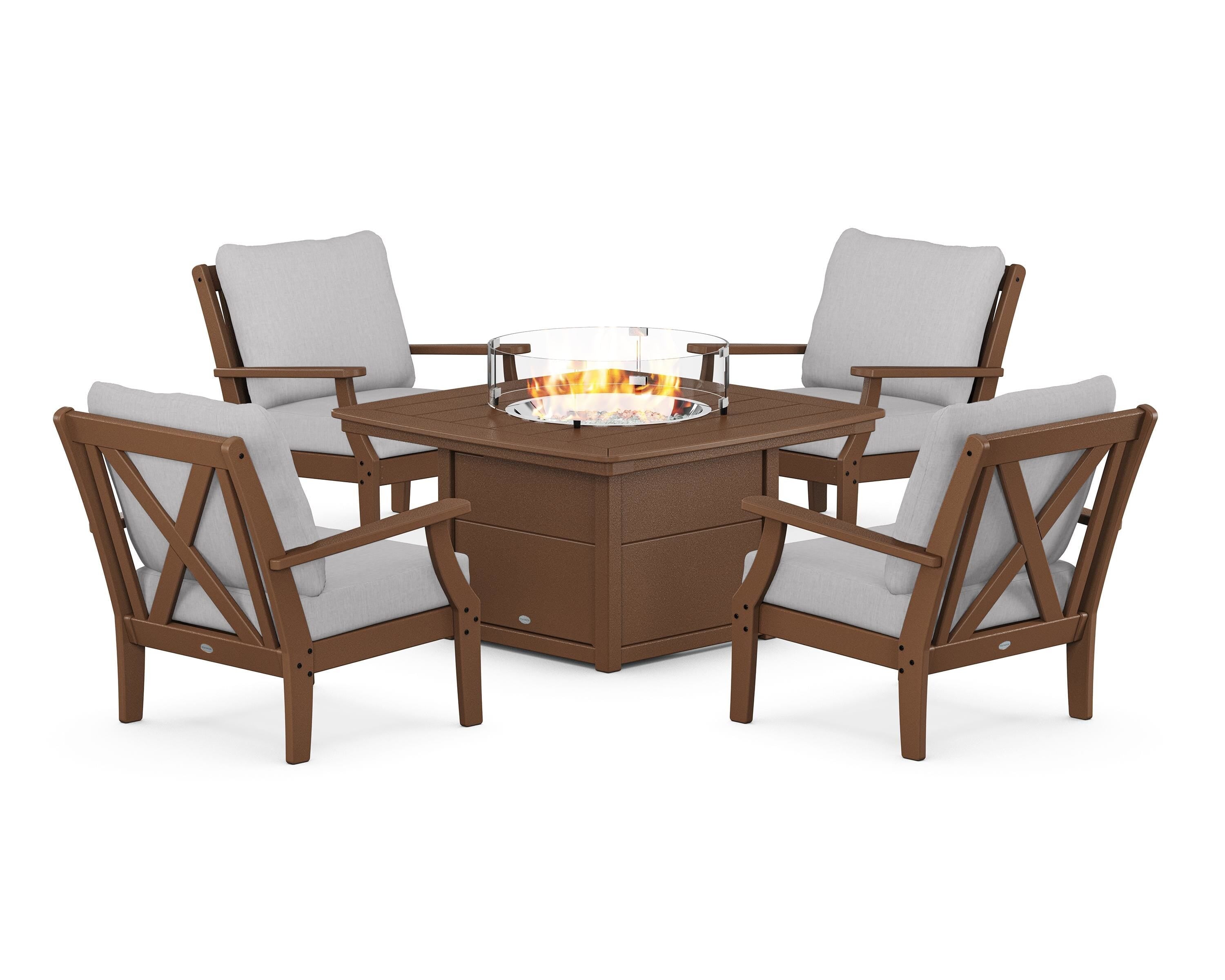 POLYWOOD® Braxton 5-Piece Deep Seating Conversation Set with Fire Pit Table in Teak / Granite