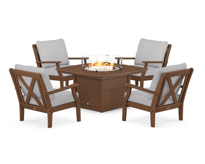 POLYWOOD® Braxton 5-Piece Deep Seating Conversation Set with Fire Pit Table in Teak / Granite