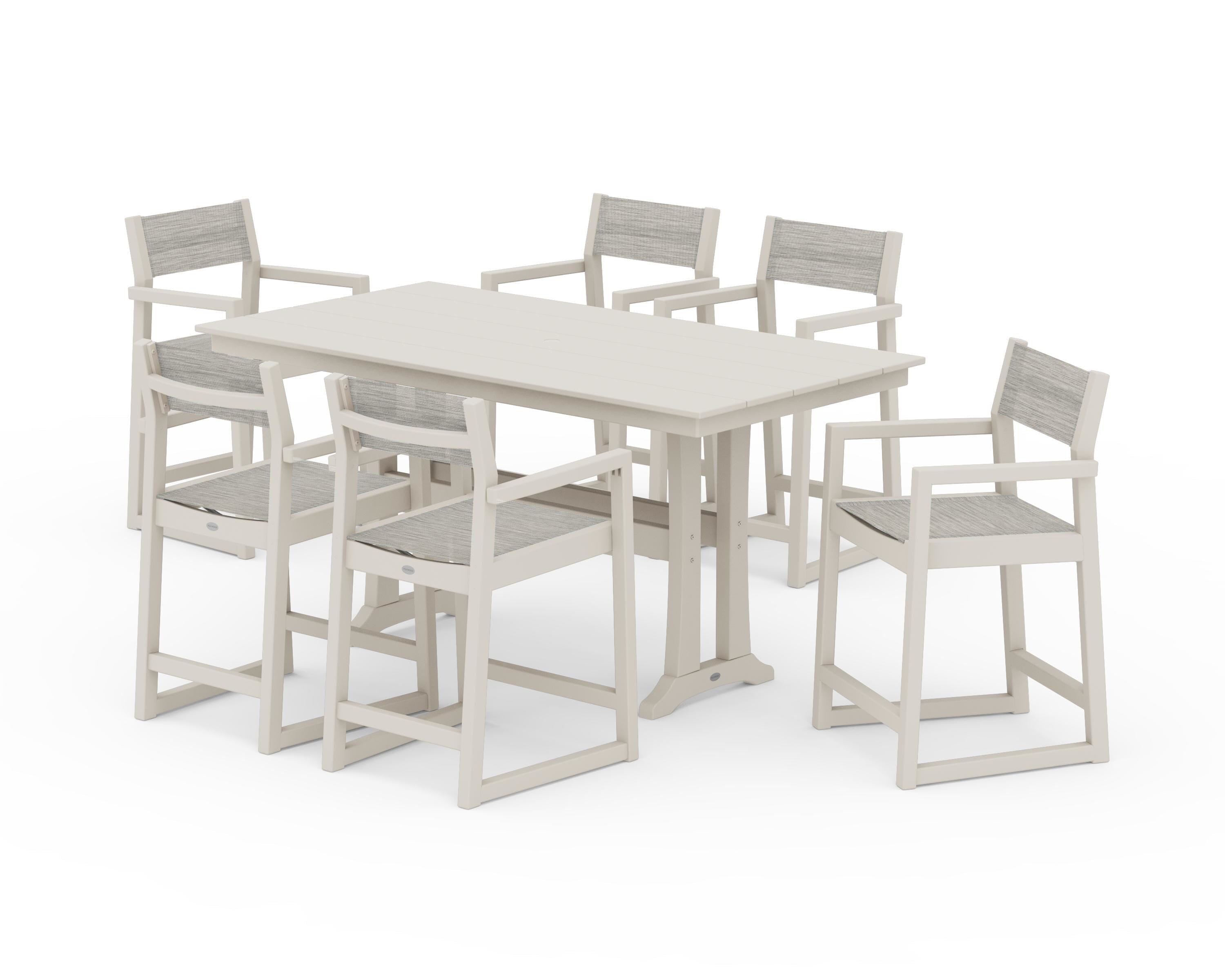 POLYWOOD® EDGE Sling Arm Chair 7-Piece Farmhouse Counter Set with Trestle Legs in Sand / Birch Sling