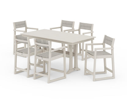 POLYWOOD® EDGE Sling Arm Chair 7-Piece Farmhouse Counter Set with Trestle Legs in Sand / Birch Sling