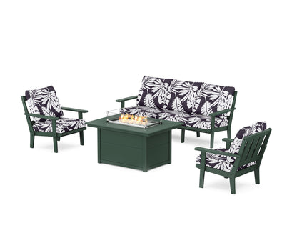 POLYWOOD® Oxford Deep Seating Fire Pit Table Set in Green / Leaf Navy