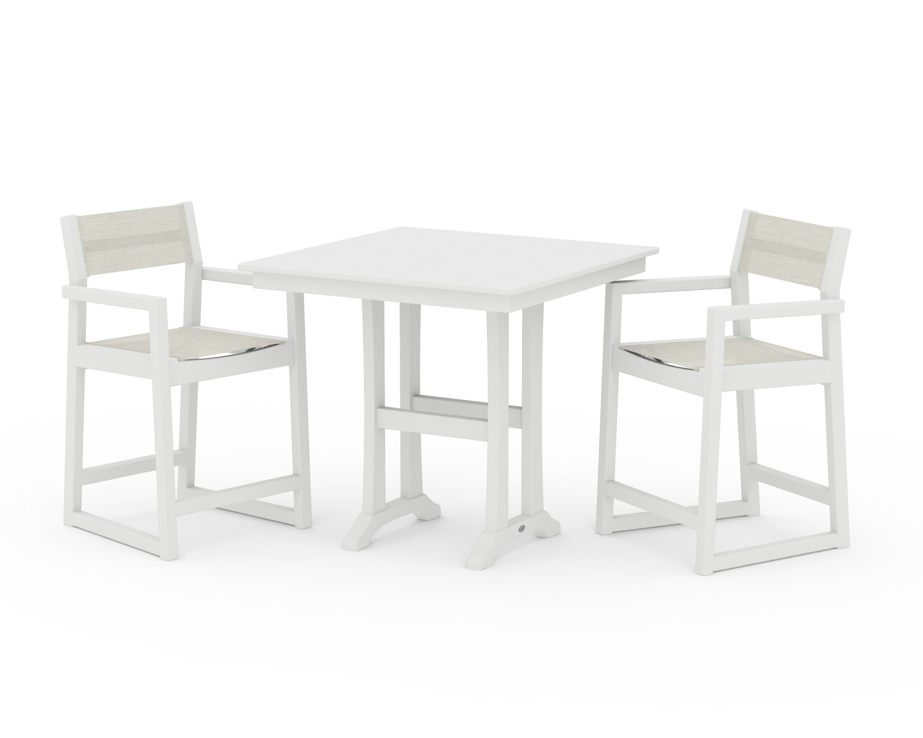 POLYWOOD® EDGE Sling Arm Chair 3-Piece Farmhouse Counter Set with Trestle Legs in White / Parchment Sling