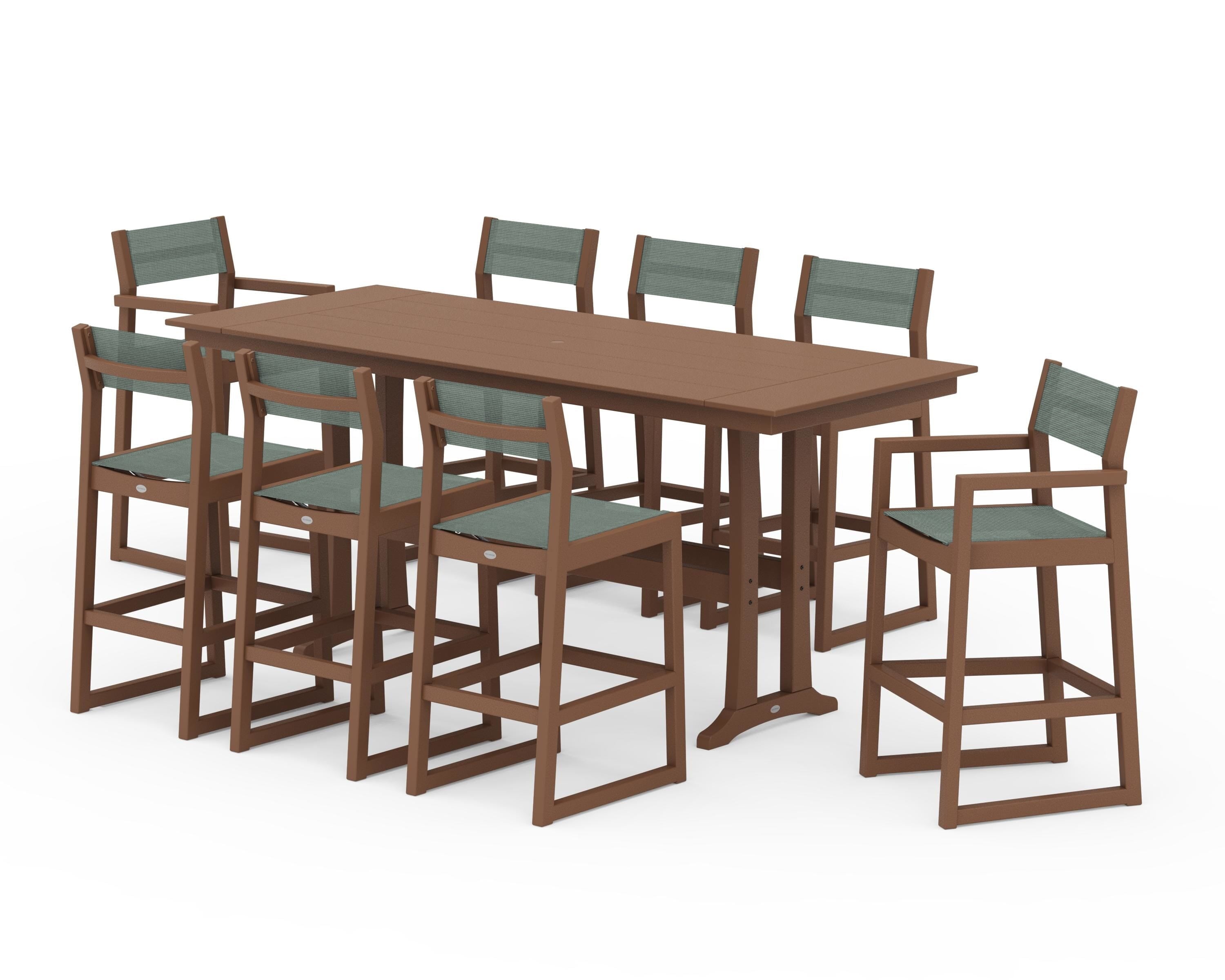 POLYWOOD® EDGE Sling 9-Piece Farmhouse Bar Set with Trestle Legs in Teak / Dupioni Sea Mist Sling