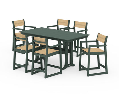 POLYWOOD® EDGE Sling Arm Chair 7-Piece Farmhouse Counter Set with Trestle Legs in Green / Dupioni Apricot Sling