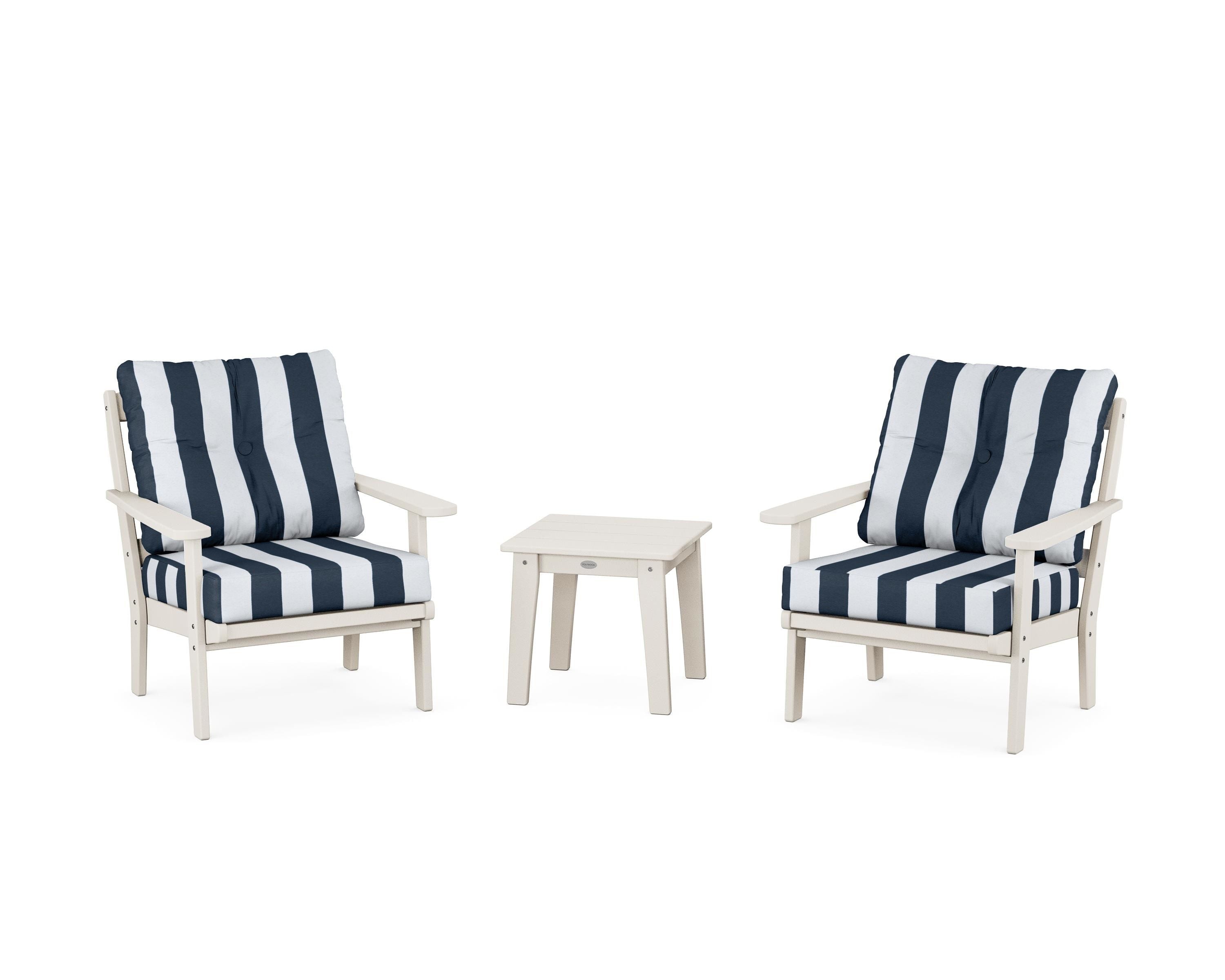 POLYWOOD® Mission 3-Piece Deep Seating Set in Sand / Cabana Stripe Marine Indigo