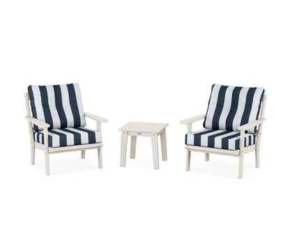 POLYWOOD® Mission 3-Piece Deep Seating Set in Sand / Cabana Stripe Marine Indigo
