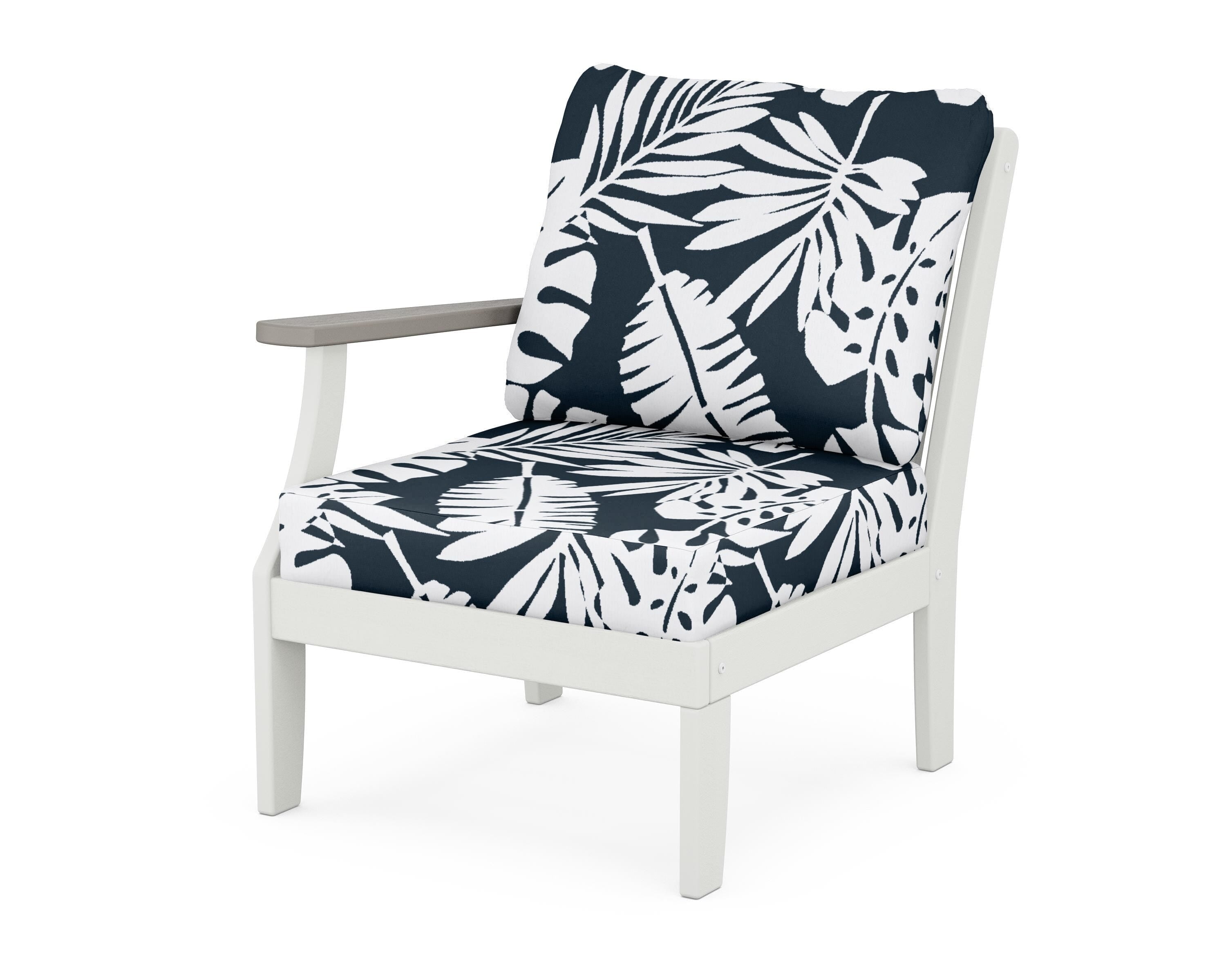 POLYWOOD® Braxton Modular Left Arm Chair in White / Driftwood / Leaf Marine Indigo