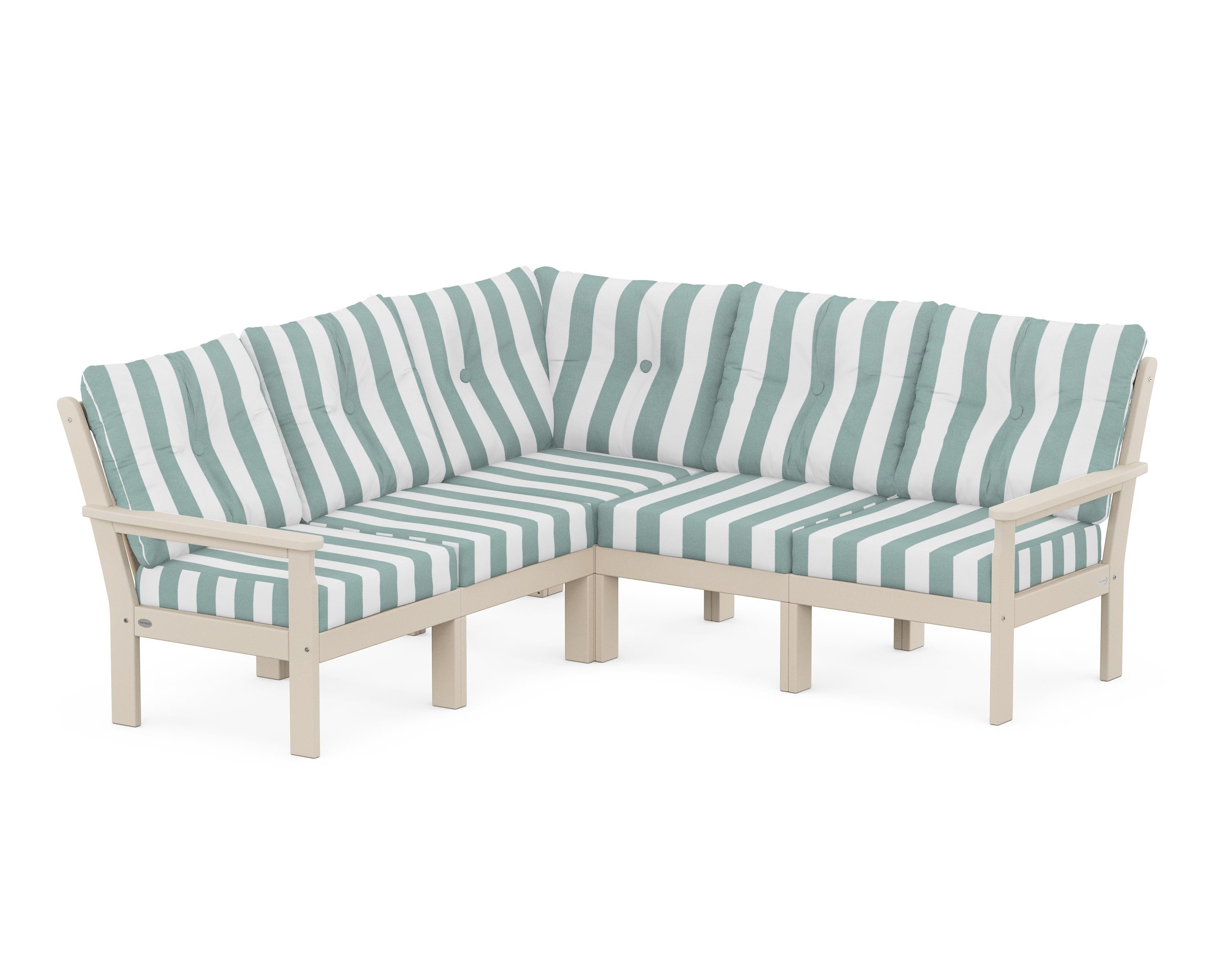 POLYWOOD® Vineyard 5-Piece Sectional in Sand / Cabana Stripe Glacier Spa