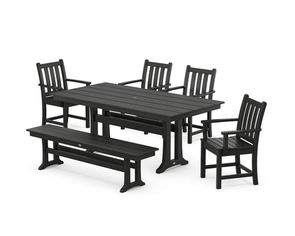 POLYWOOD® Traditional Garden Arm Chair 6-Piece Farmhouse Dining Set with Trestle Legs and Bench in Black