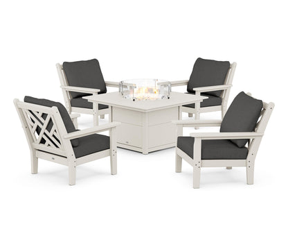 POLYWOOD® Chippendale 5-Piece Deep Seating Set with Fire Pit Table in Sand / Spectrum Carbon