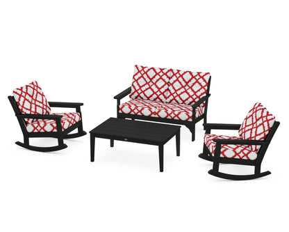 POLYWOOD® Vineyard 4-Piece Deep Seating Rocking Chair Set in Black / Trellis Crimson